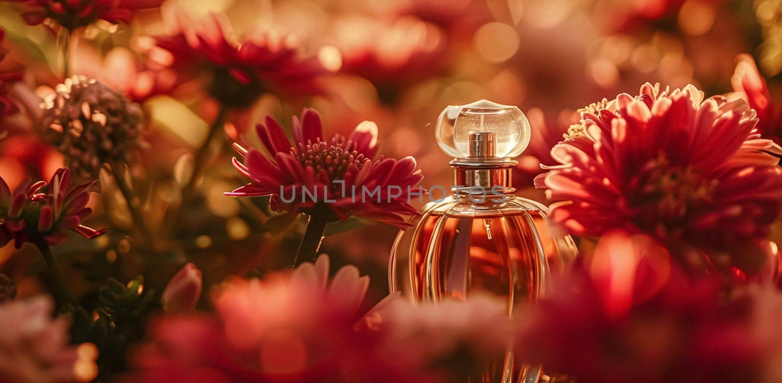 Perfume bottle in flowers, fragrance on blooming background, floral scent and cosmetic product by Anneleven