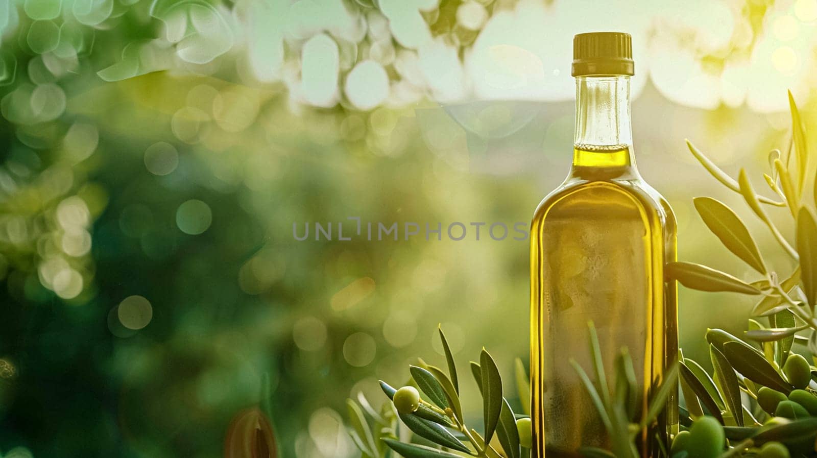 Olive oil bottle ad background with copyspace, vegetable oil commercial produce, food industry and retail concept