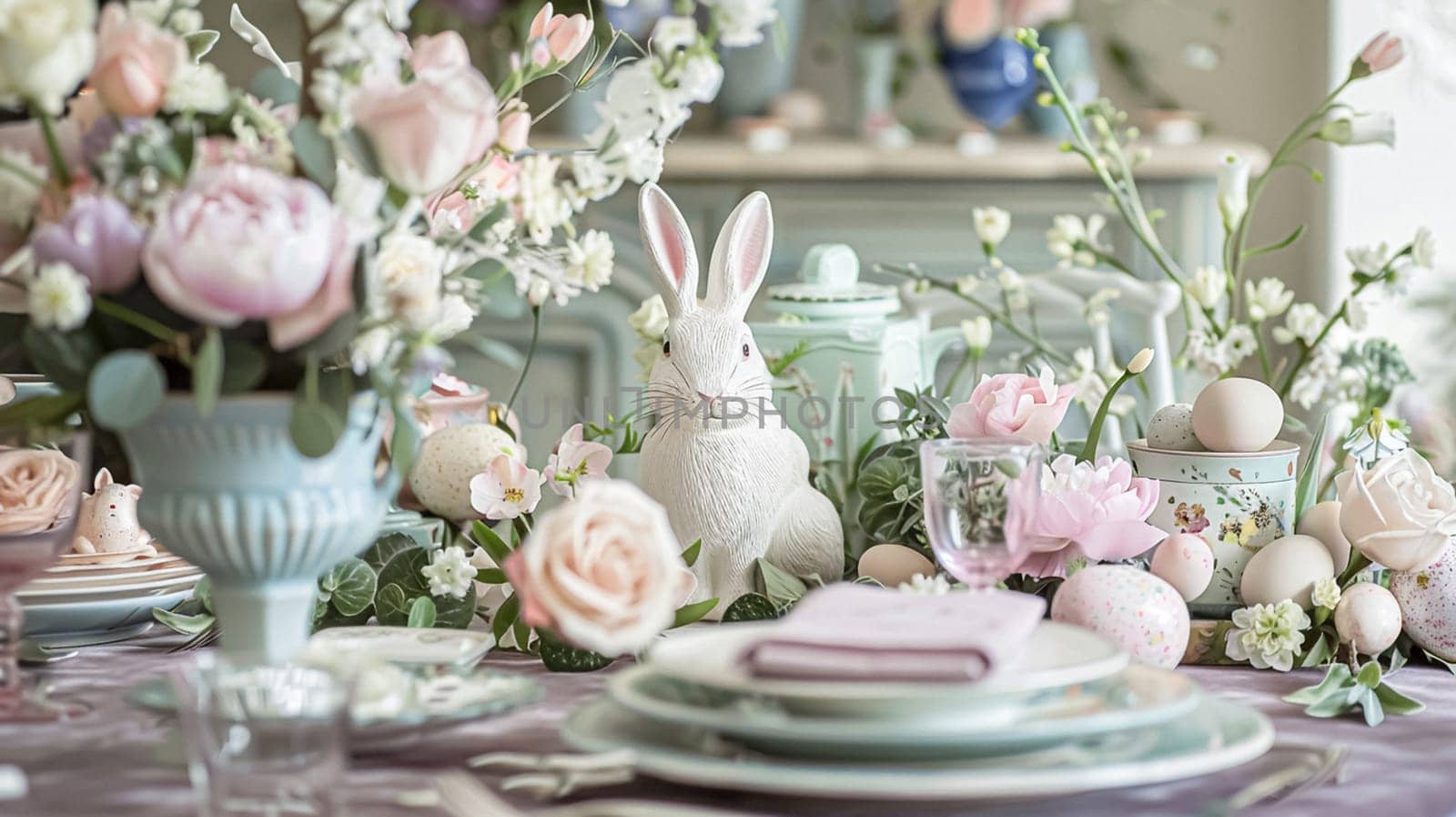 Easter tablescape decoration, floral holiday table decor for family celebration, spring flowers, Easter eggs, Easter bunny and vintage dinnerware, English country and home styling