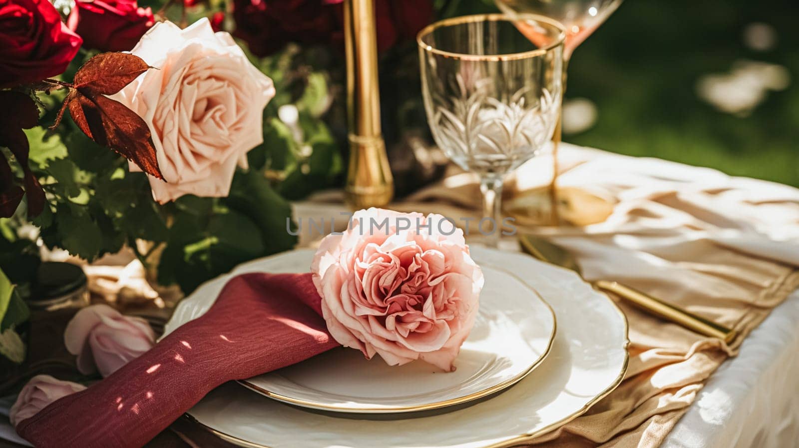 Wedding and event celebration tablescape with flowers, formal dinner table setting with roses and wine, elegant floral table decor for dinner party and holiday decoration, home styling idea