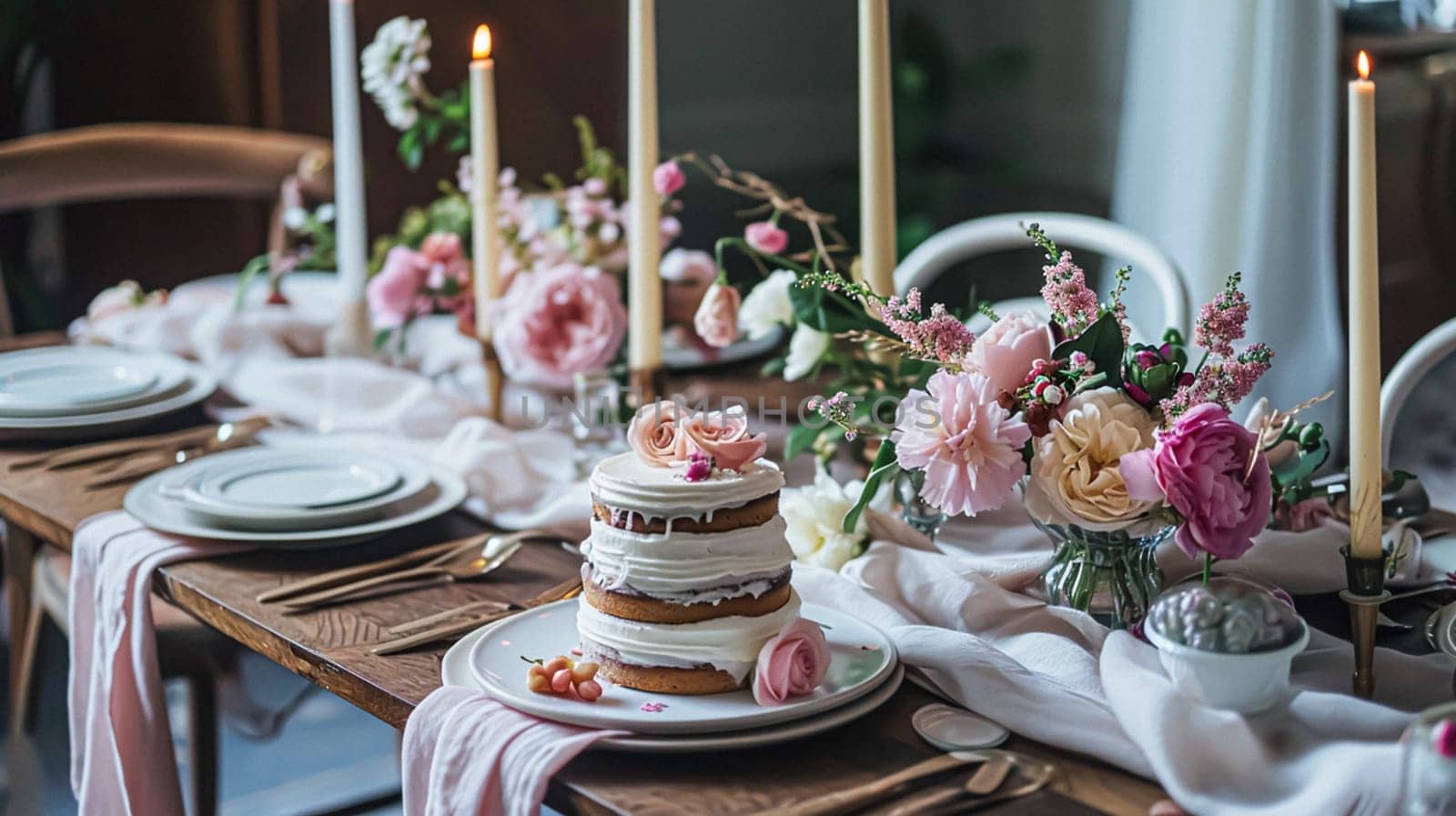 Birthday tablescape or candy bar with sweets, Birthday cake and cupcakes, beautiful party and celebration