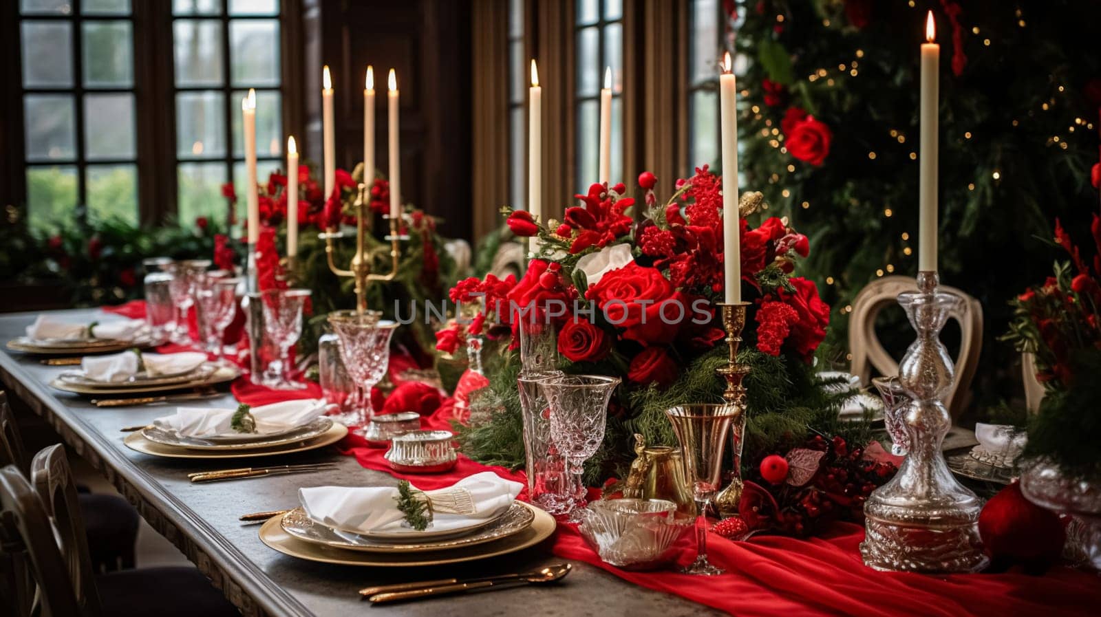 Christmas at the manor, holiday tablescape and dinner table setting, English countryside decoration and festive interior decor