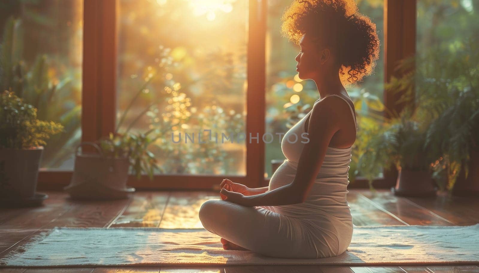 A woman is sitting on a mat in a room with plants by AI generated image.