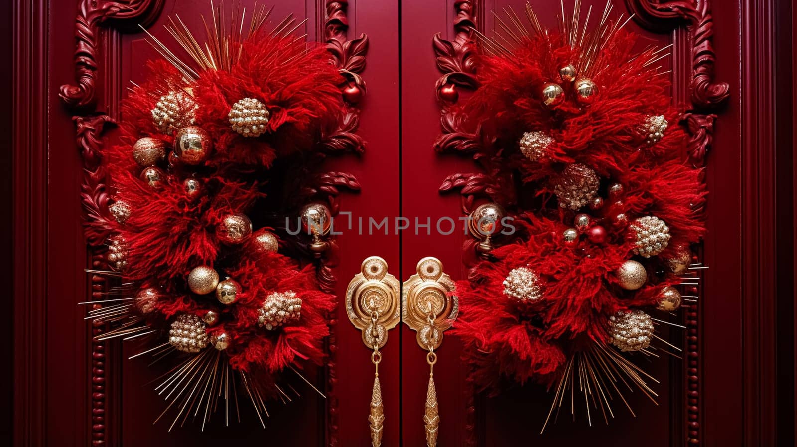 Christmas decoration details on English styled luxury high street city store door or shopping window display, holiday sale and shop decor inspiration