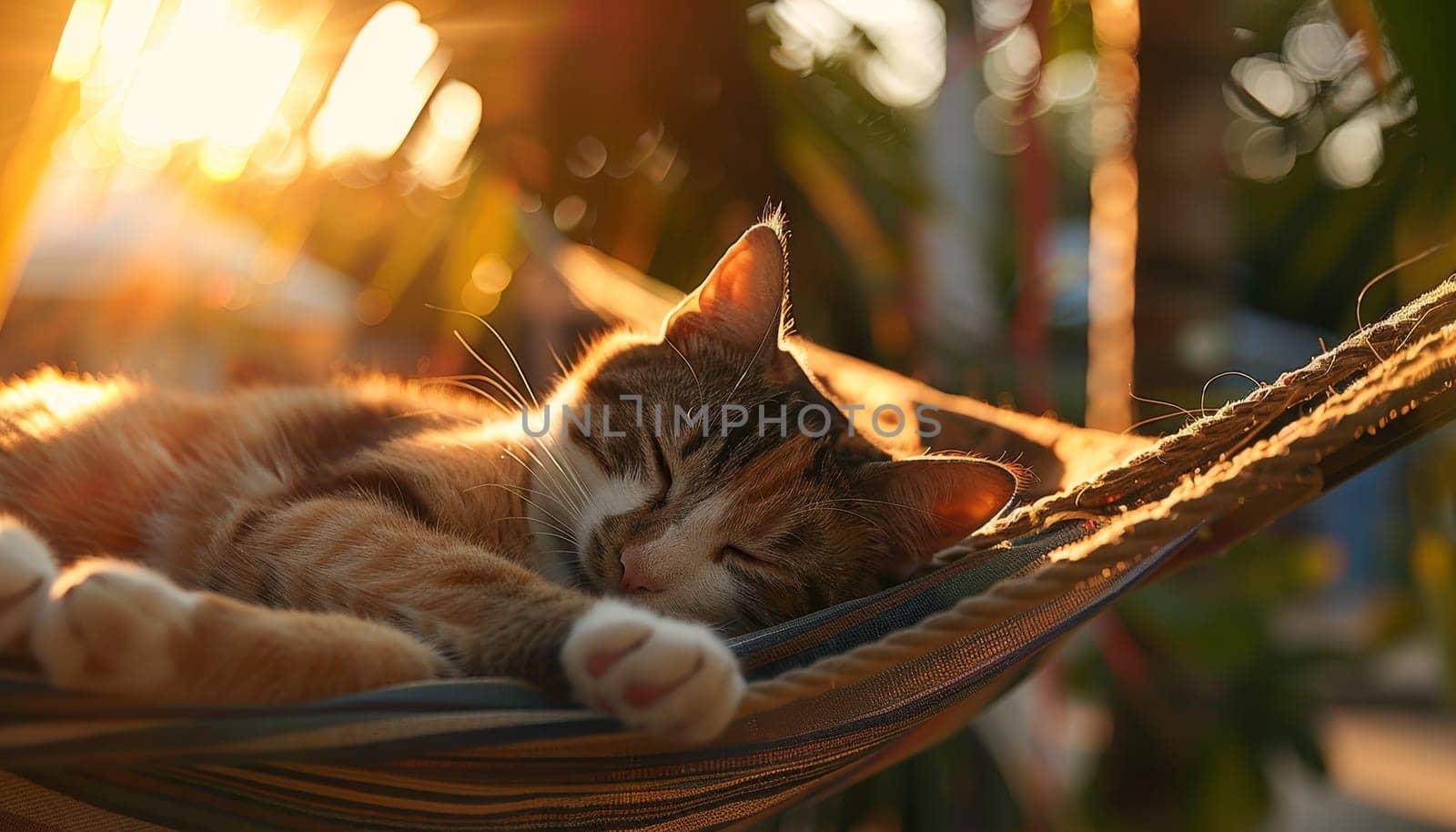 A cat is sleeping on a hammock by AI generated image.
