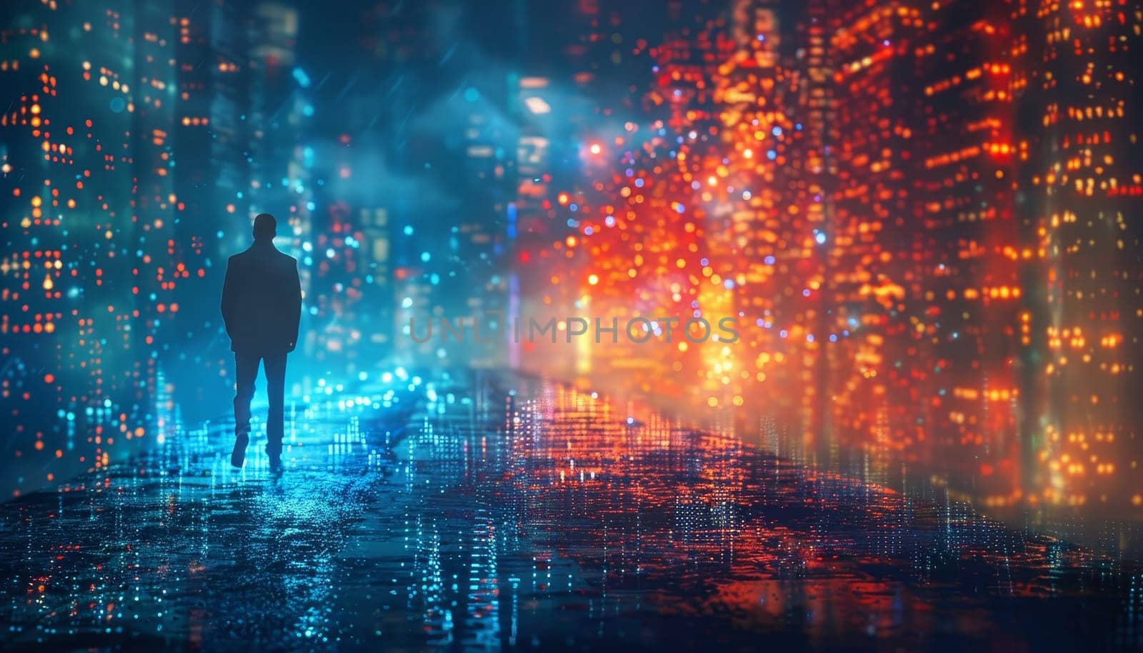 A man is walking down a street in a city at night by AI generated image.