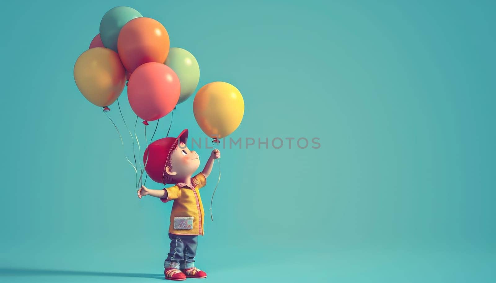 A young boy is holding a bunch of balloons and flying them in the sky by AI generated image.