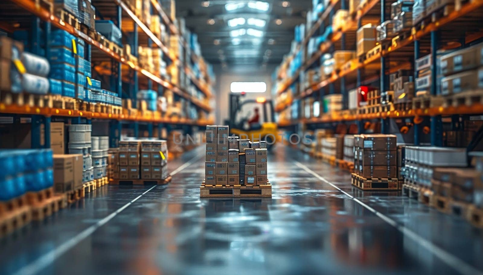 A forklift is driving through a warehouse filled with boxes by AI generated image.