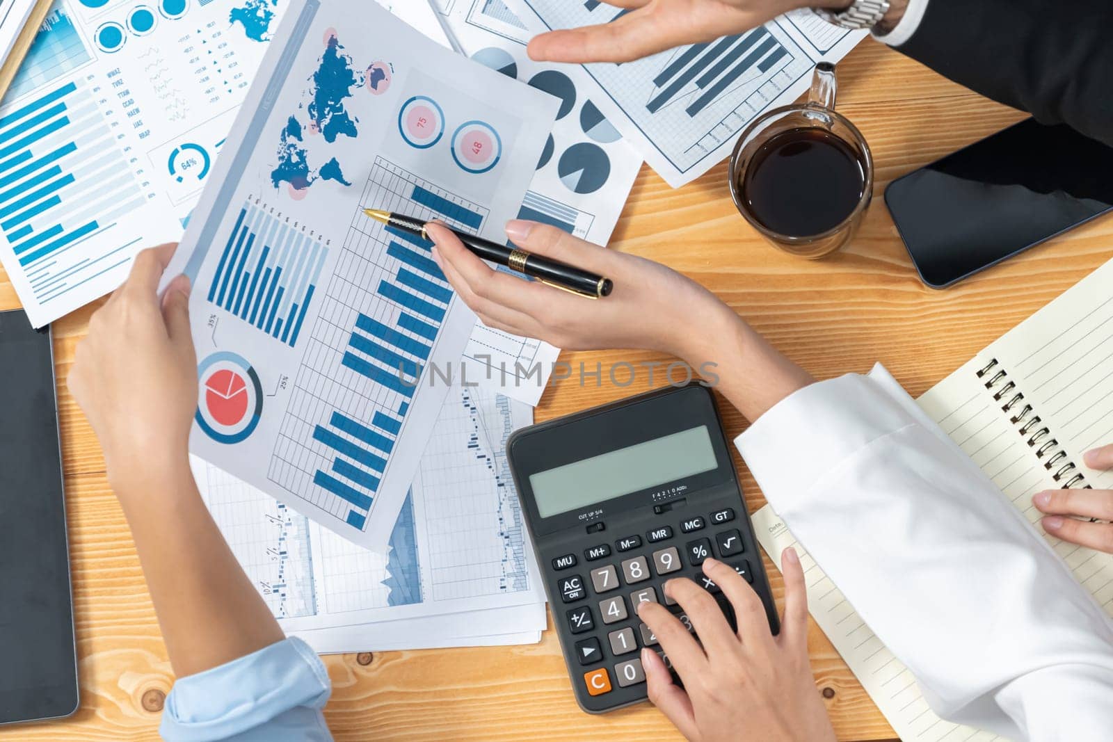 Corporate budget, executive utilize cutting-edge business intelligence financial data dashboard paper on meeting table. Accountant or auditor team examine and calculate income and expense. Meticulous