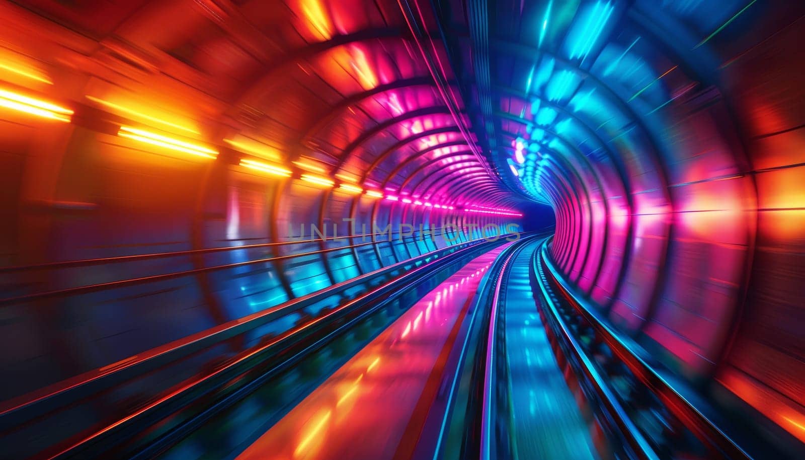 A colorful tunnel with neon lights by AI generated image.