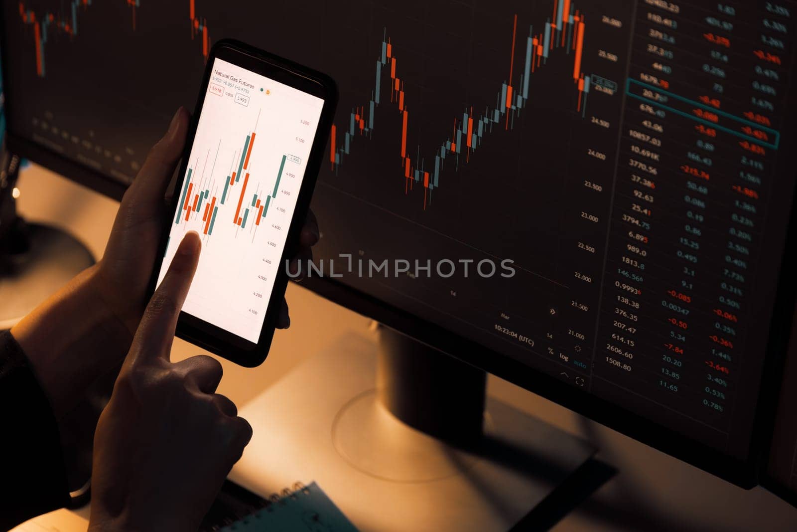 Cropped with focusing on smartphone with hand pointing businesswoman trader in dynamic stock market on pc screens background of currency rate risk investment at night lighting office room. Postulate.