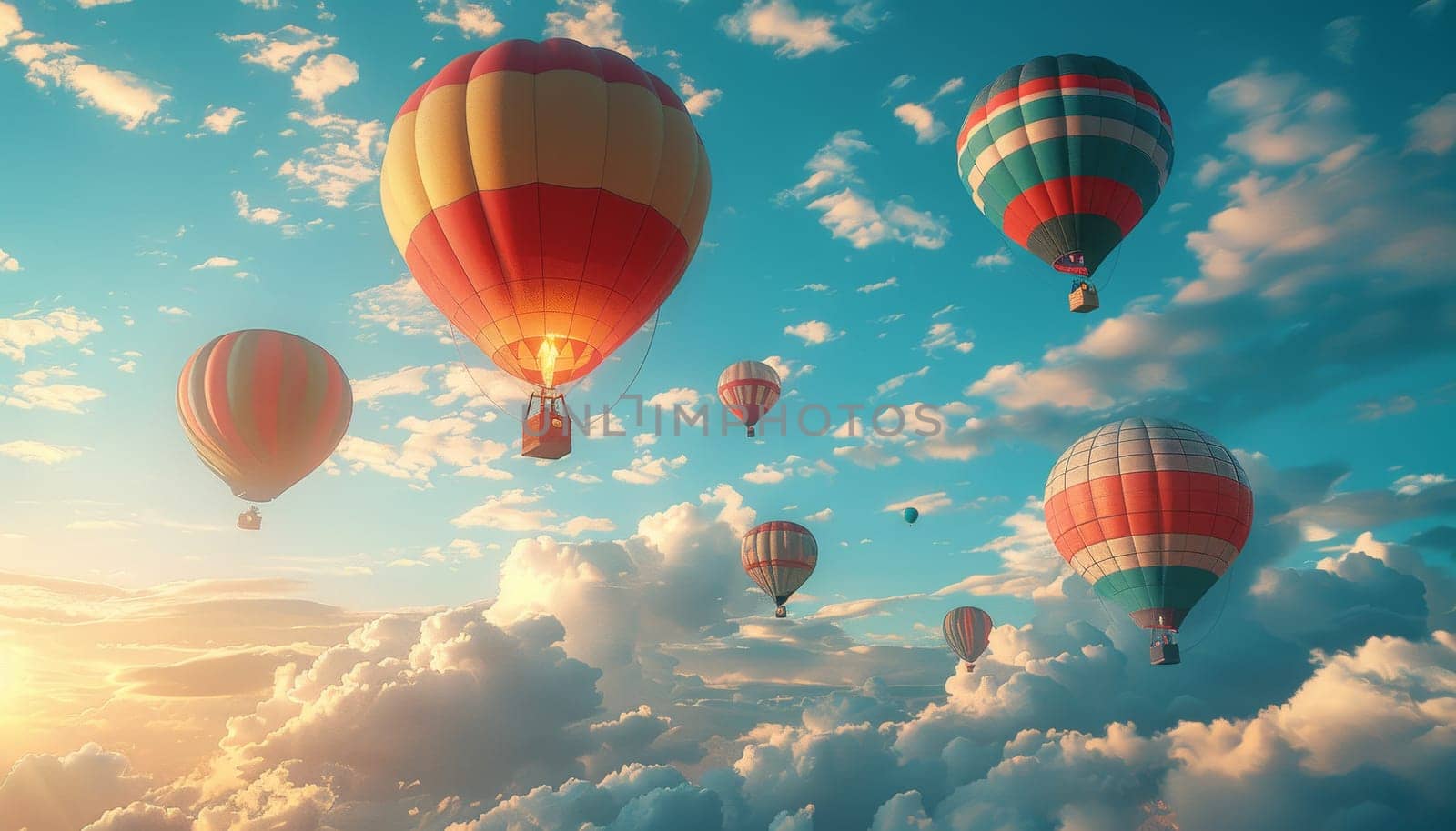 A group of colorful hot air balloons are flying in the sky by AI generated image.