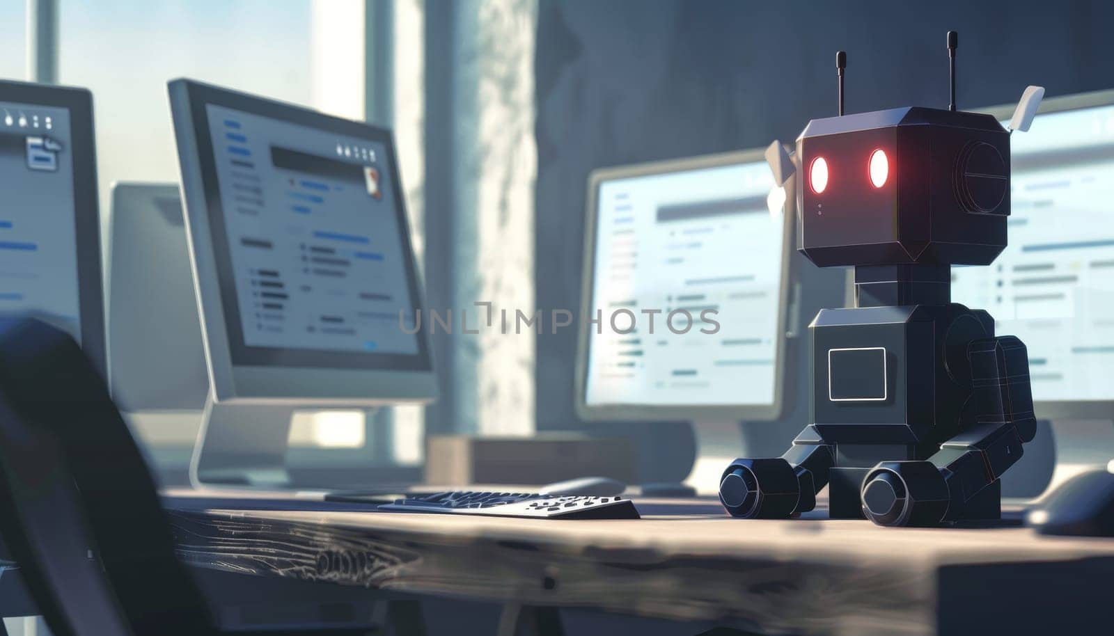 A robot is sitting on a desk in front of a computer monitor by AI generated image by wichayada