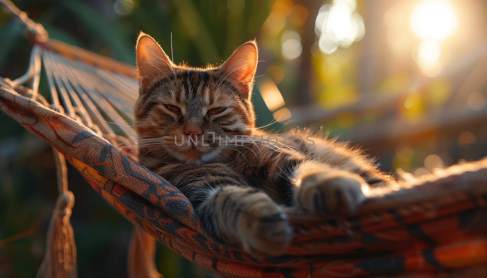 A cat is sleeping on a hammock by AI generated image.