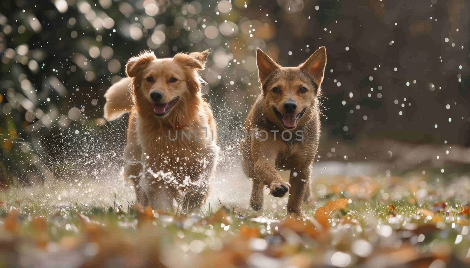 Two dogs playing in the grass with water splashing around them by AI generated image.