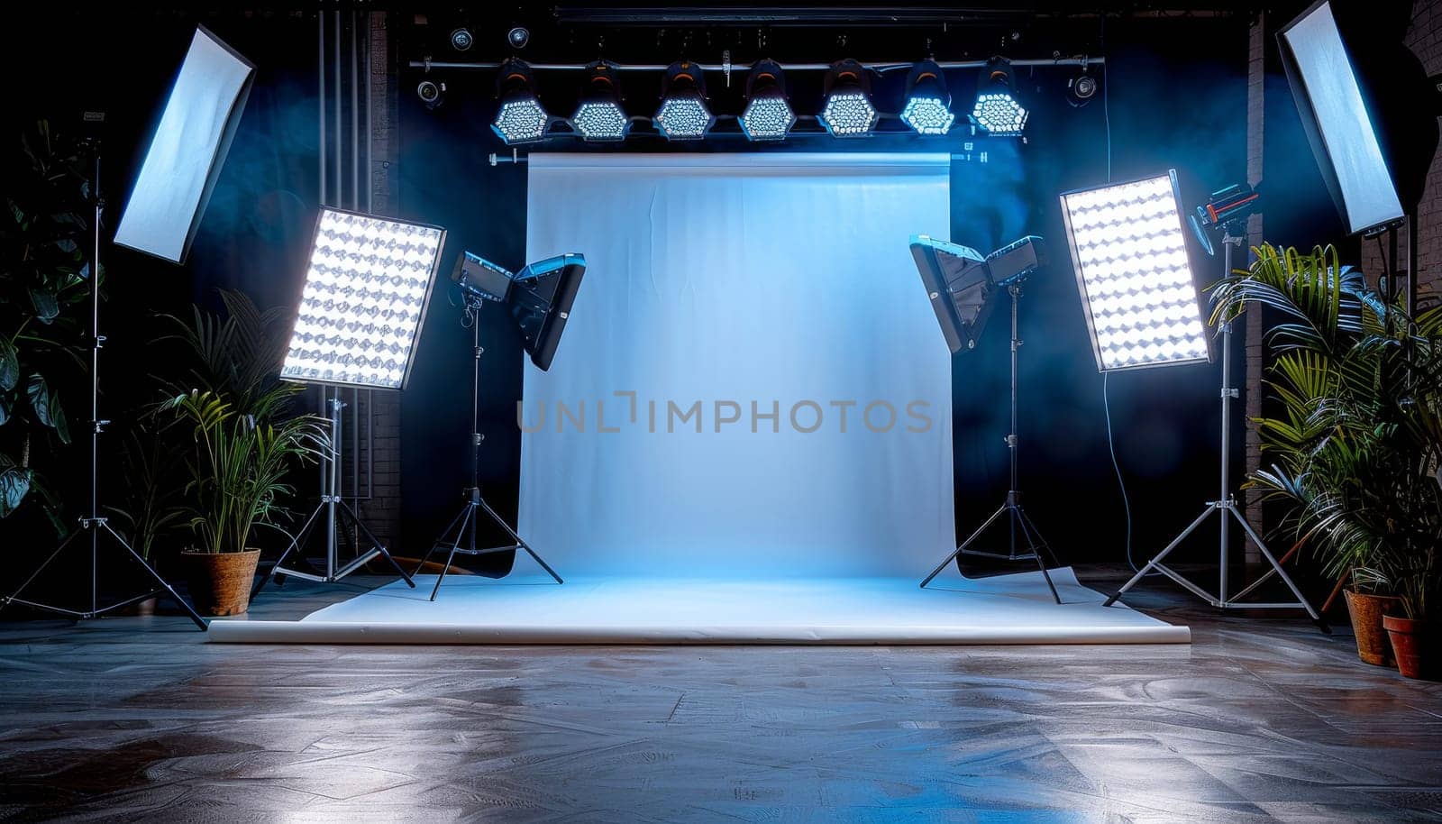 A studio with a white background and three lights on it by AI generated image.