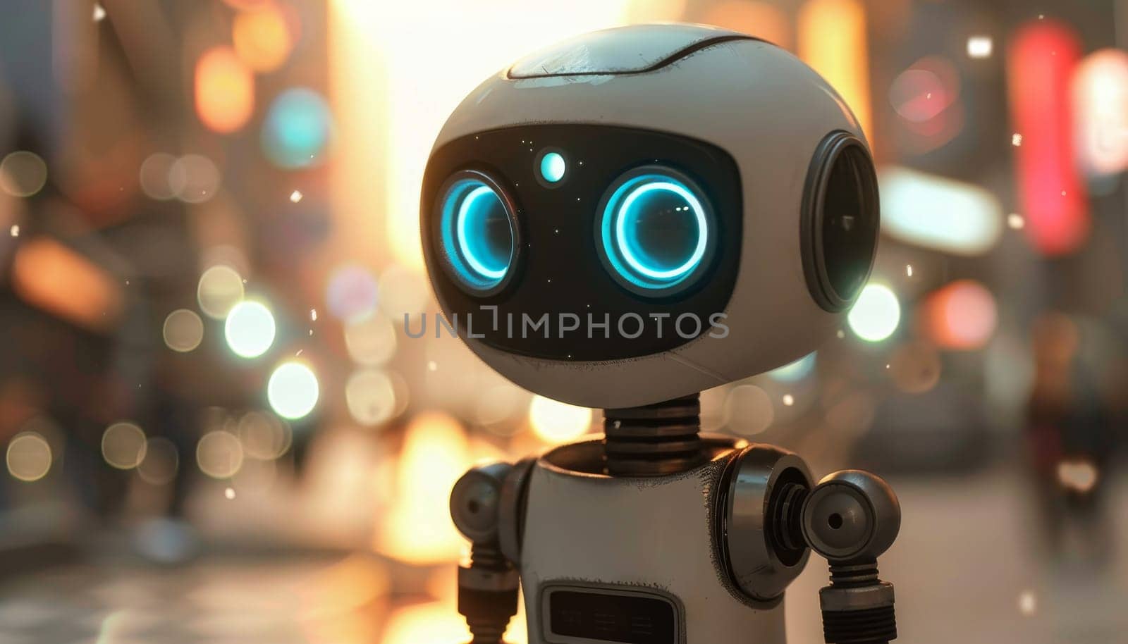 A robot with blue eyes stands in front of a crowd of people by AI generated image by wichayada