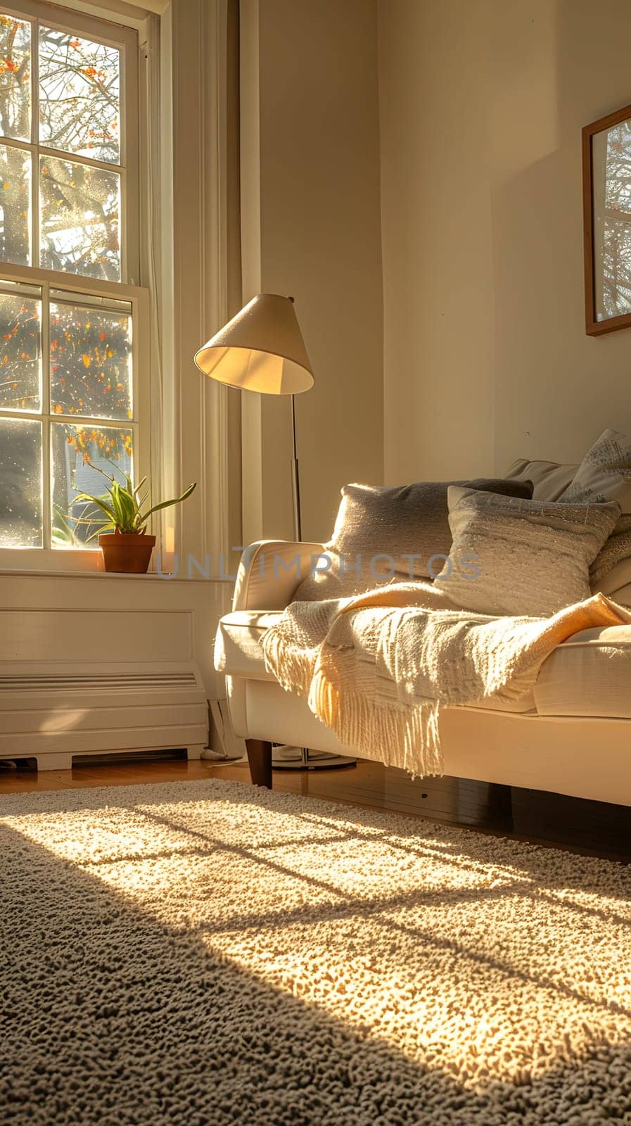 The sun is streaming through the window of a cozy living room adorned with furniture, including a couch and a lamp, creating a warm and inviting atmosphere