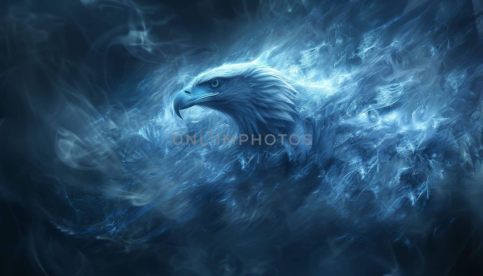 A blue eagle with smoke and water surrounding it by AI generated image.