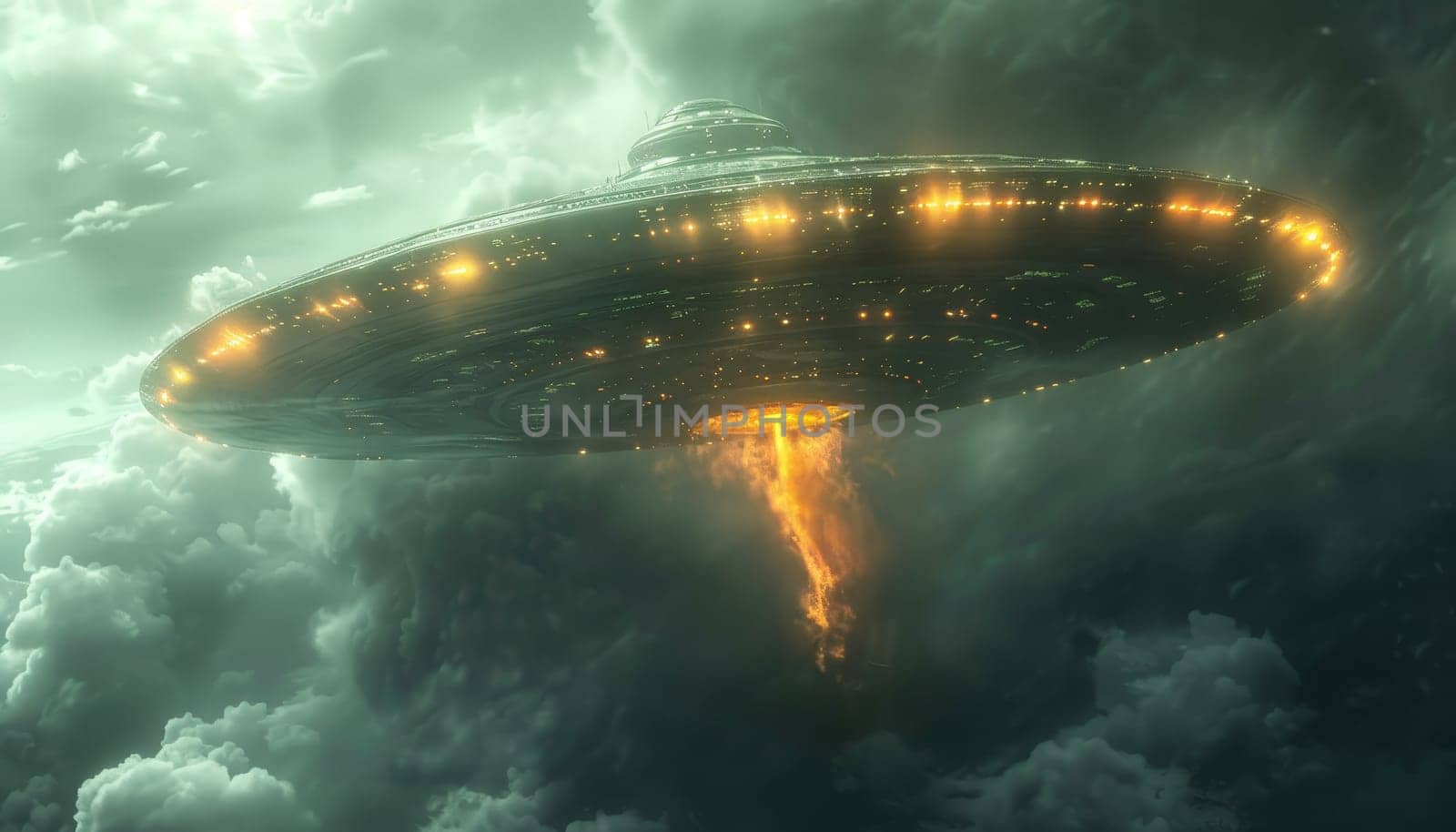 A large spaceship is flying through a cloudy sky by AI generated image by wichayada