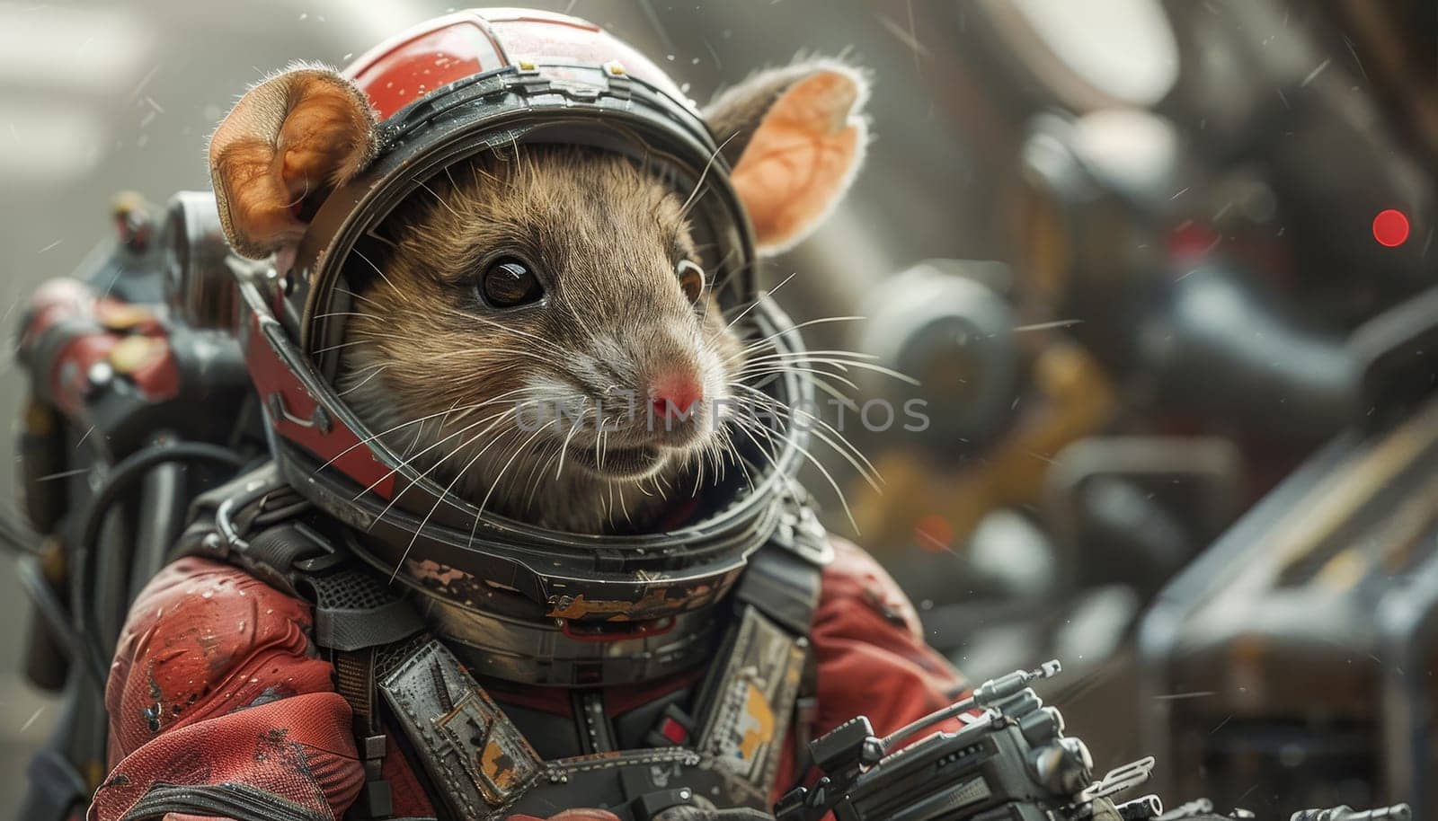 A mouse in a space suit is looking out the window of a spaceship by AI generated image by wichayada