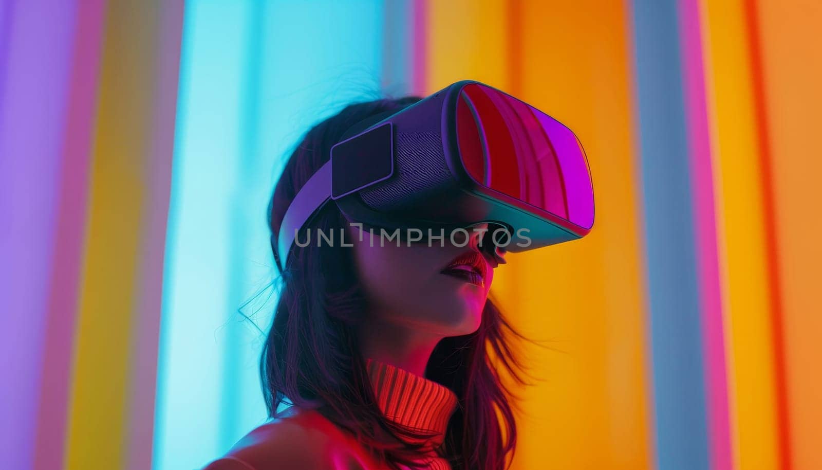 A woman wearing a virtual reality headset stands in front of a colorful wall by AI generated image by wichayada