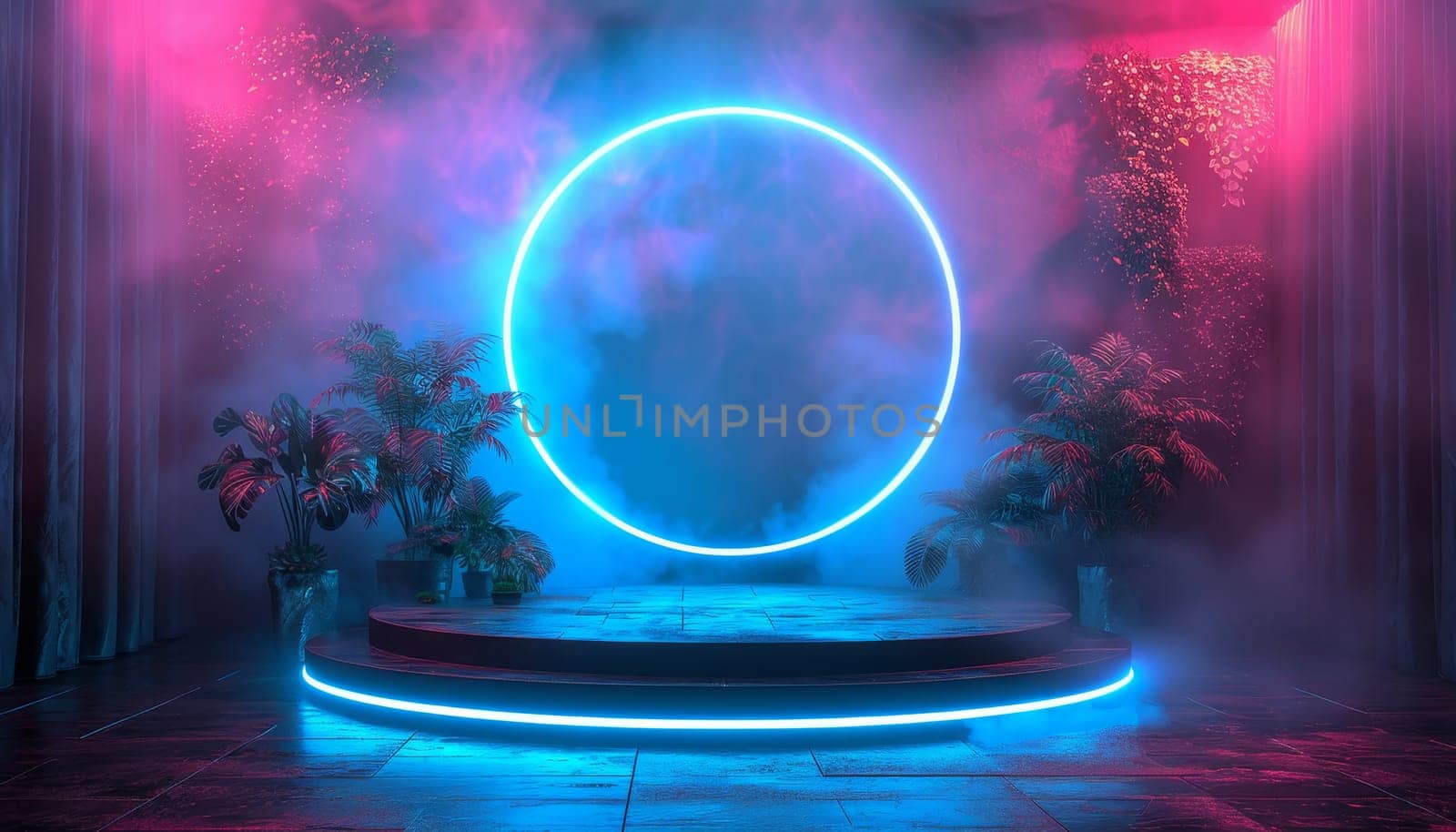 A blue neon lighted circular stage with a blue background by AI generated image.