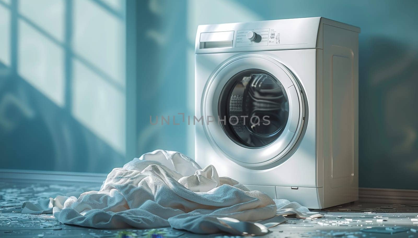 A white washing machine with a pile of white clothes on the floor next to it by AI generated image.