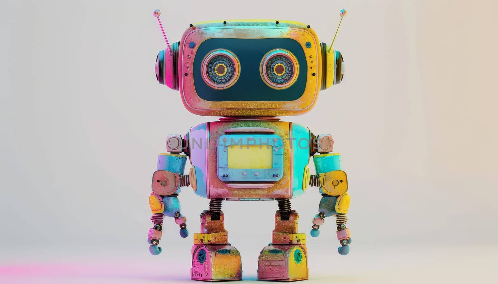 A robot with pink, yellow, and blue parts stands on a white background by AI generated image.