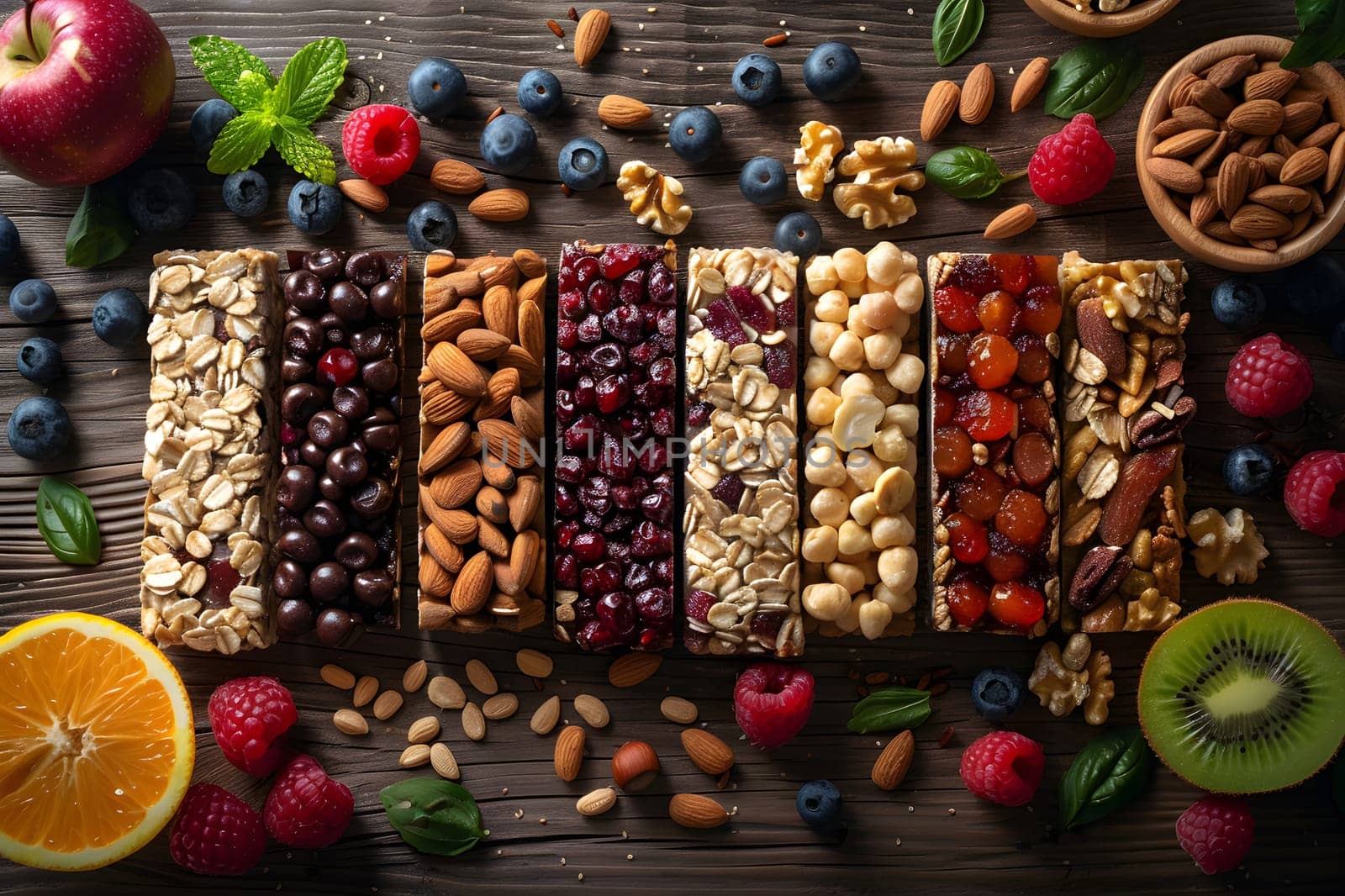 A wooden table adorned with a variety of natural foods including fruits like Valencia orange and Rangpur, as well as nuts, creating a sweet and wholesome spread for any event