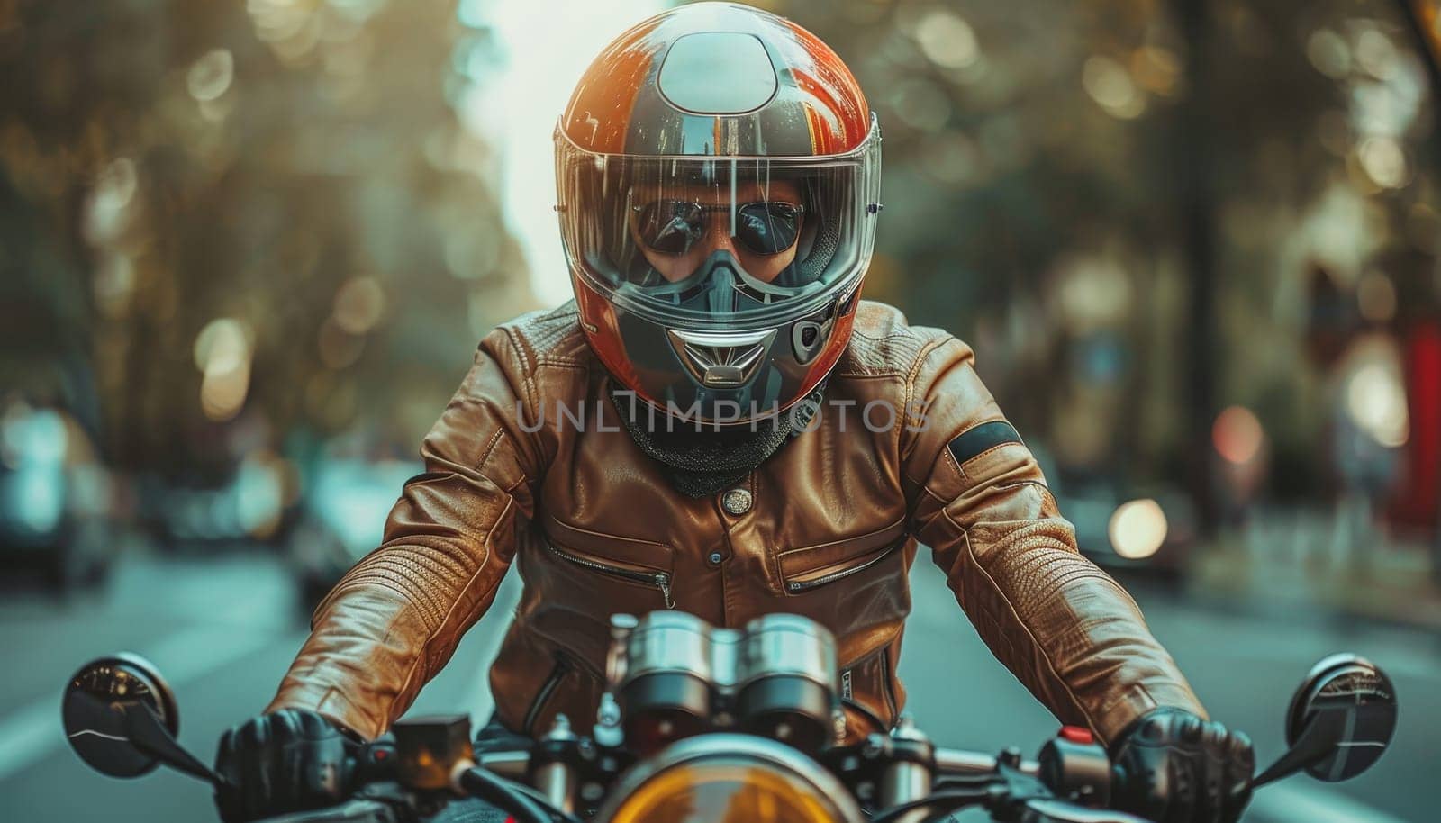 A man wearing a leather jacket and helmet is riding a motorcycle down a road by AI generated image.