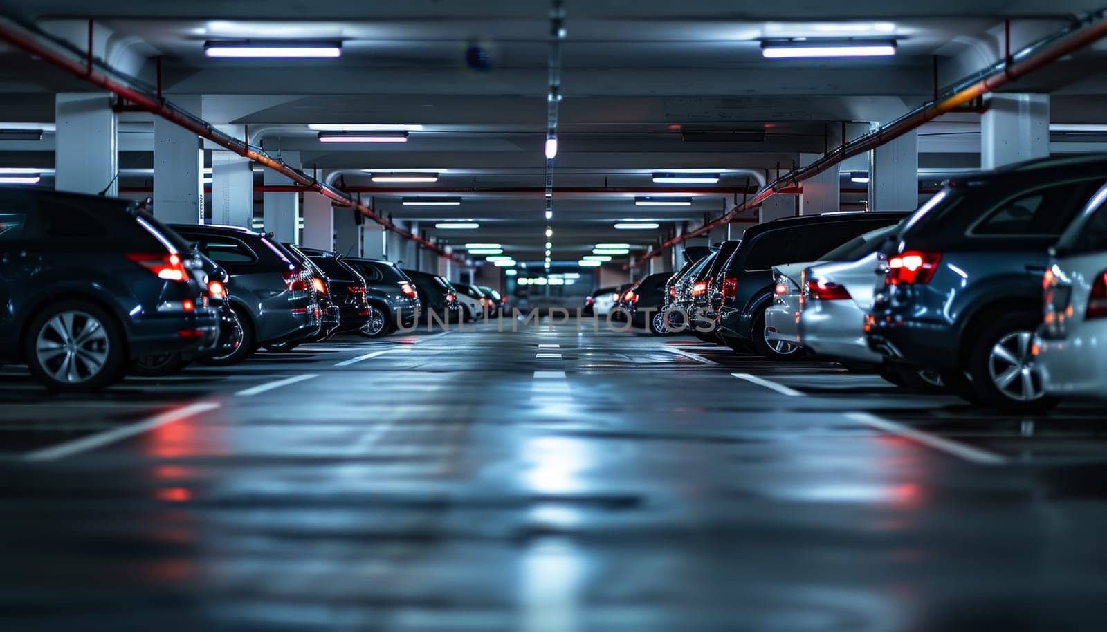 A parking lot with many cars parked in it by AI generated image.