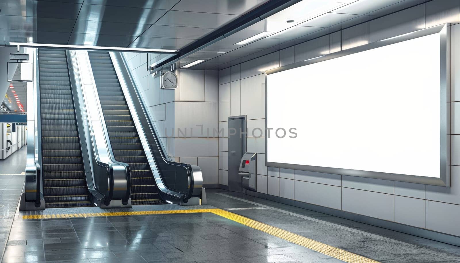 A white and grey subway station with escalators and a large white sign by AI generated image.