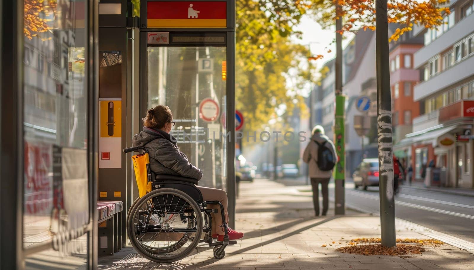 A woman in a wheelchair sits on a bench outside a bus stop by AI generated image.