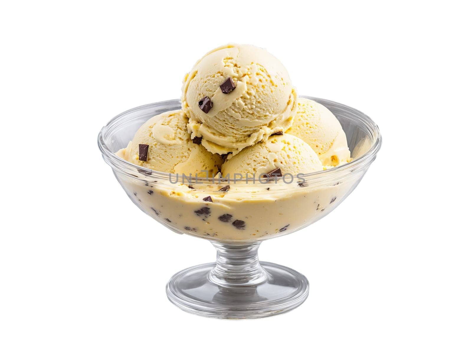 Vegan banana ice cream with dark chocolate chips served in a transparent glass bowl simple. Food isolated on transparent background.