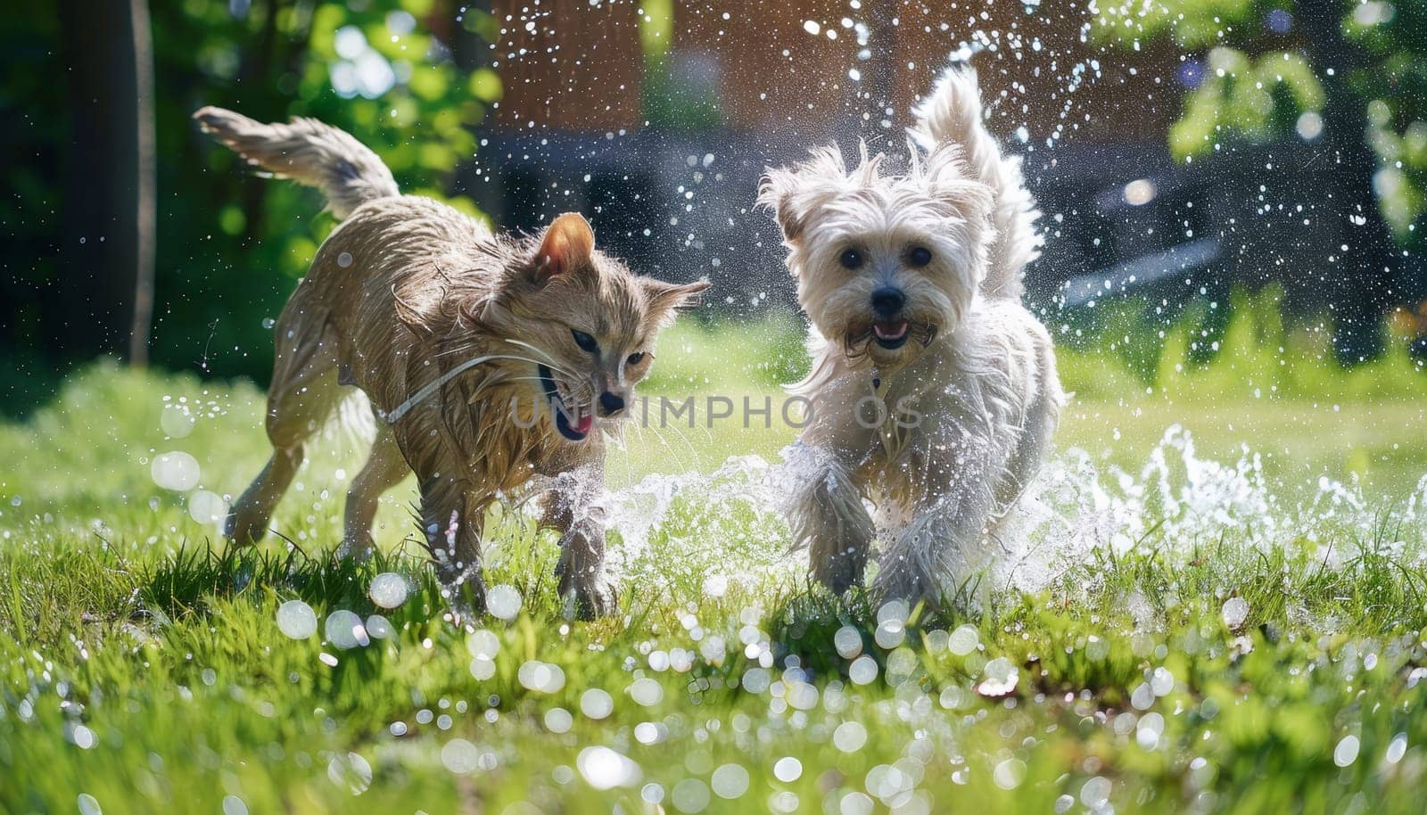 Two dogs playing in the grass with water splashing around them by AI generated image.