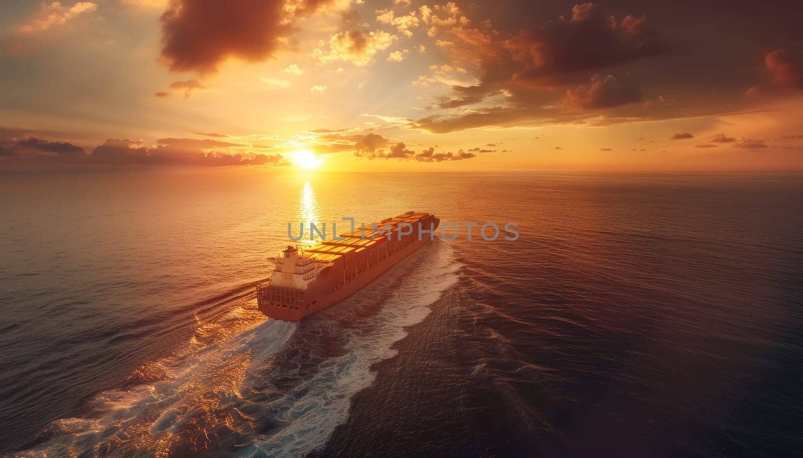 A large ship is sailing on the ocean with a beautiful sunset in the background by AI generated image.