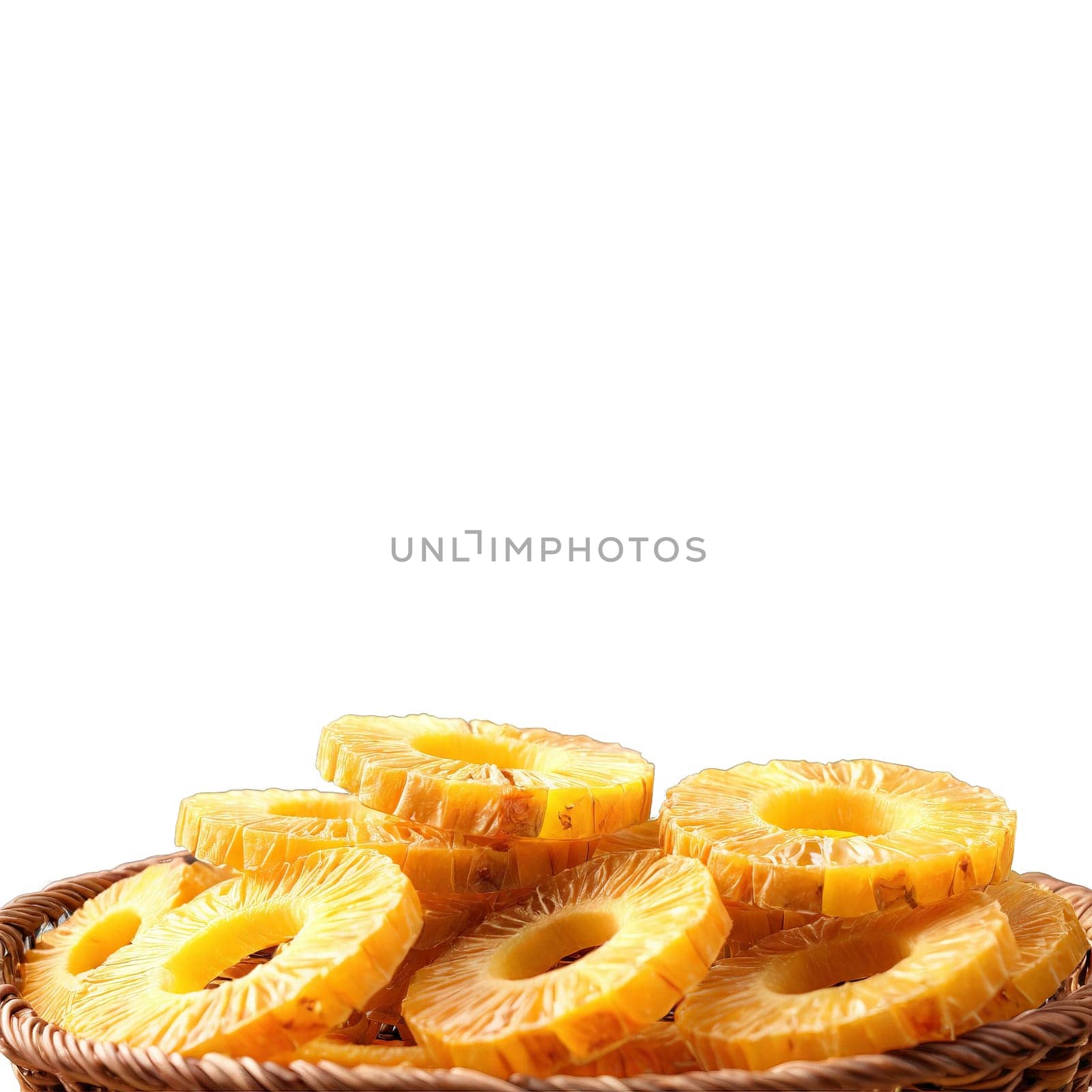 Dried pineapple rings in a elegant wicker basket golden yellow with a hint of caramelization. Food isolated on transparent background.