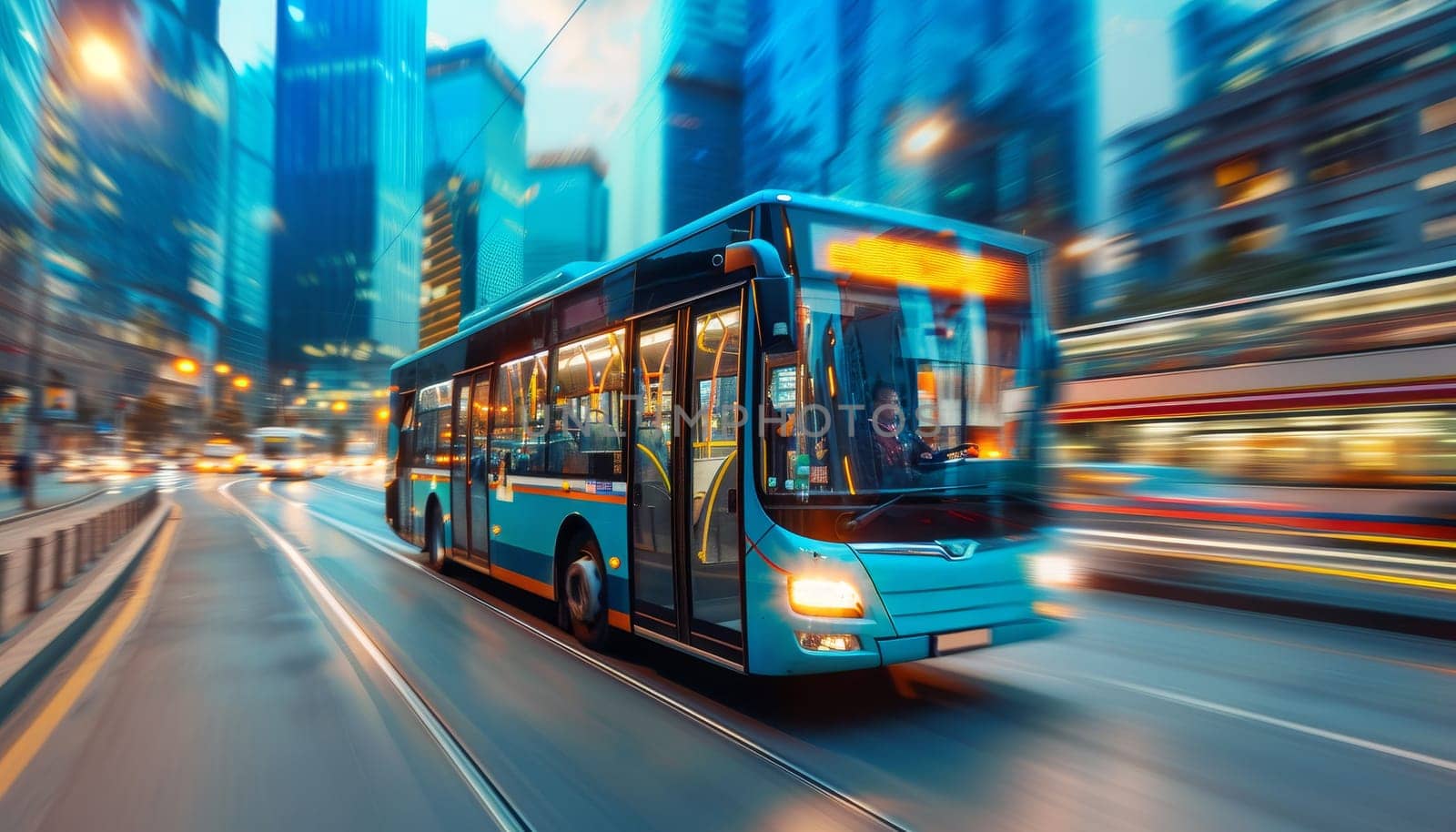 A blue bus is driving down a city street by AI generated image.