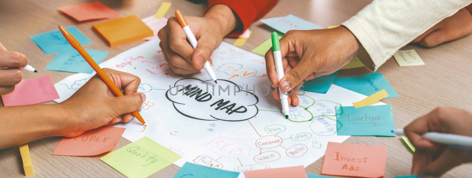 Professional startup group share creative marketing idea by using mind map. Young skilled business people brainstorm business plan while writing sticky notes. Focus on hand. Closeup. Variegated.