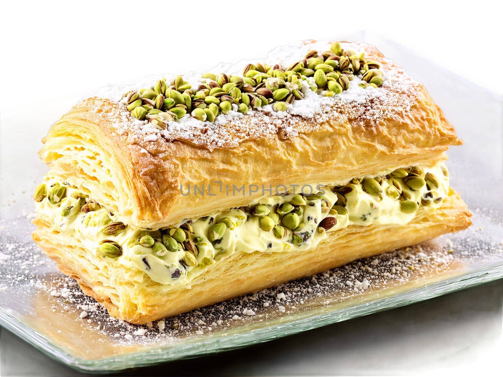 Pastries cannoli with ricotta filling and pistachios served on a transparent glass tray Sicilian specialty. Food isolated on transparent background.