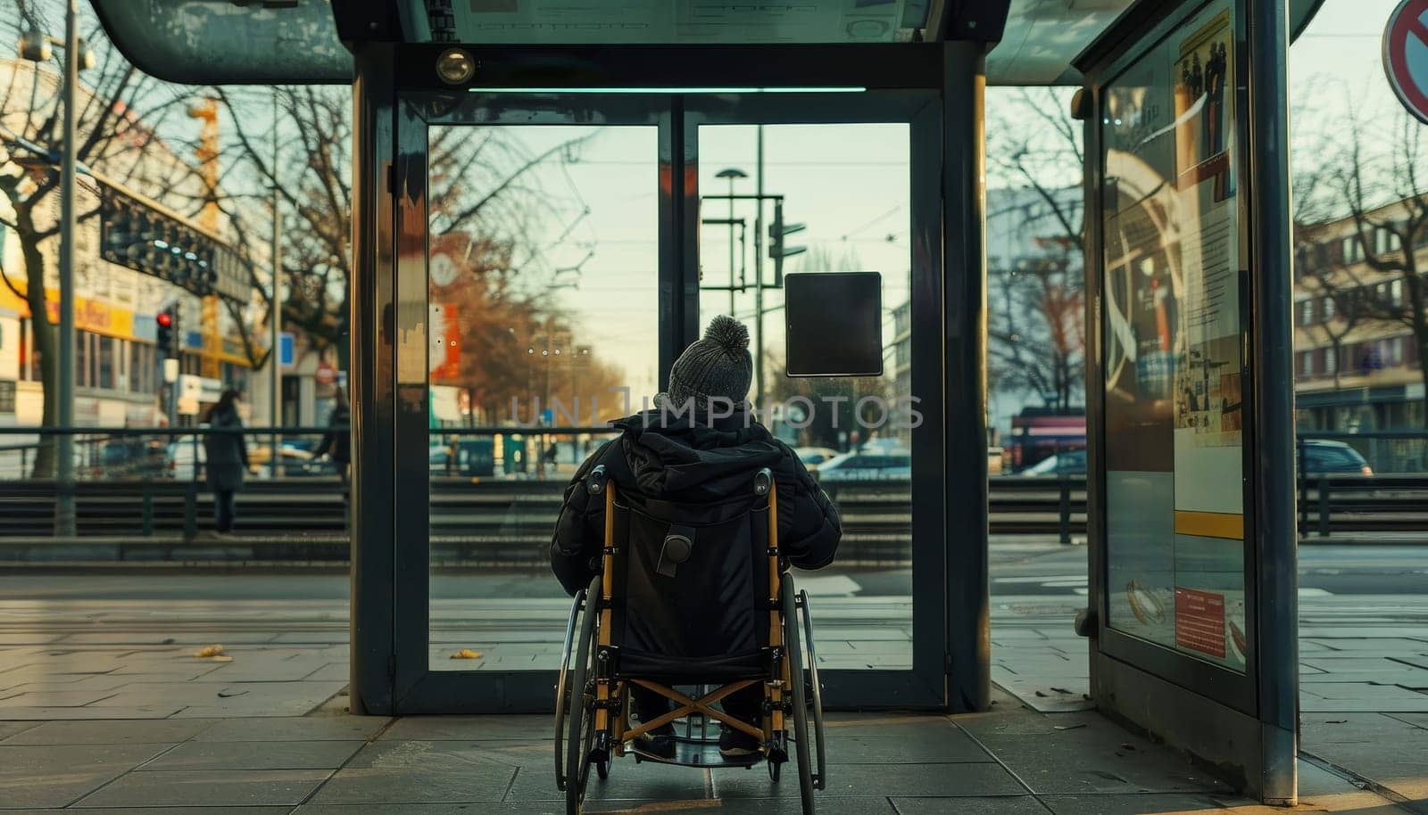 A woman in a wheelchair sits on a bench outside a bus stop by AI generated image.