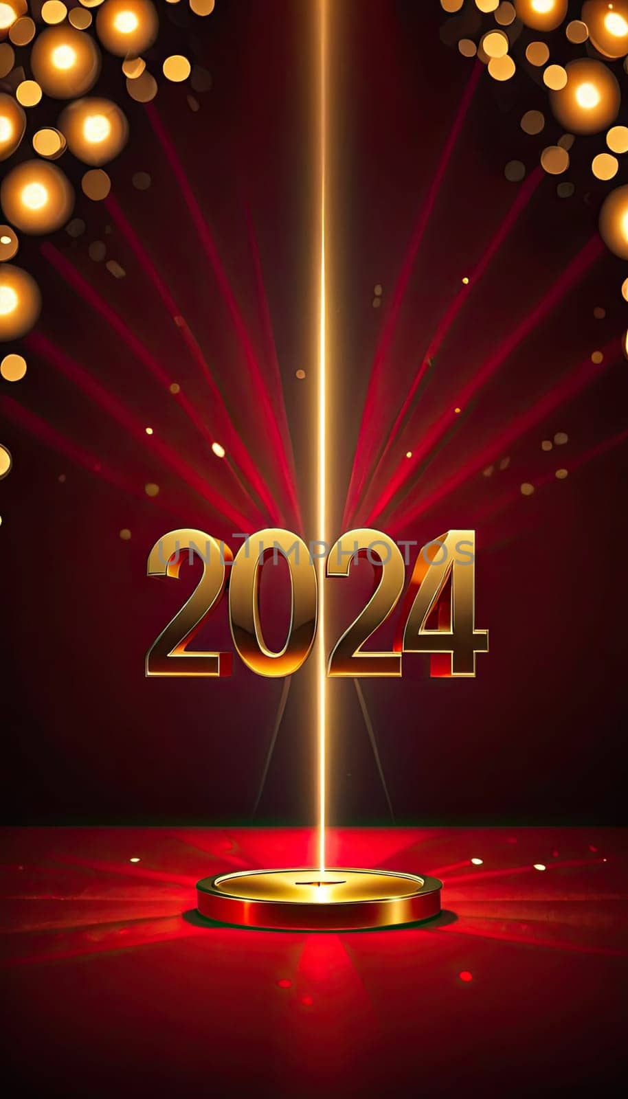 Golden digits 2024 on dark red background with bokeh lights, festive atmosphere, ideal for New Year event promotions