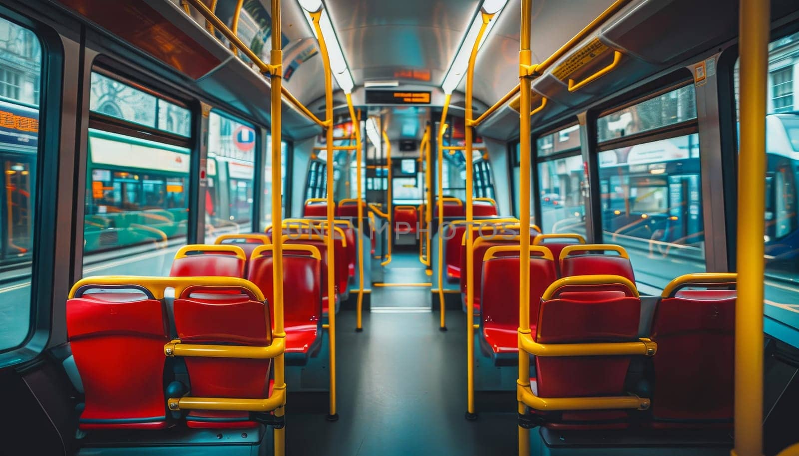 A bus with yellow poles and red seats by AI generated image.