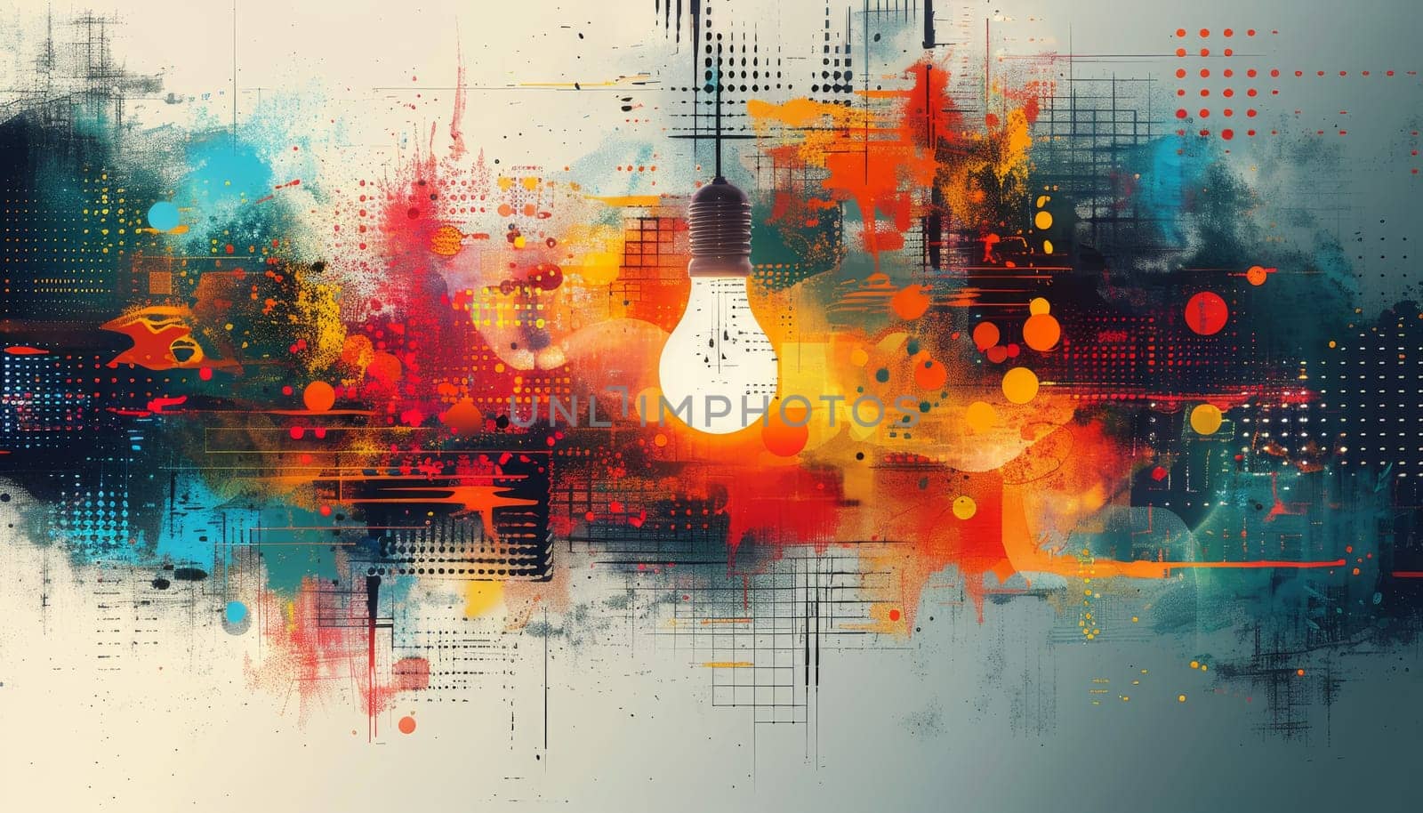 A light bulb is lit up in a colorful, abstract painting by AI generated image.