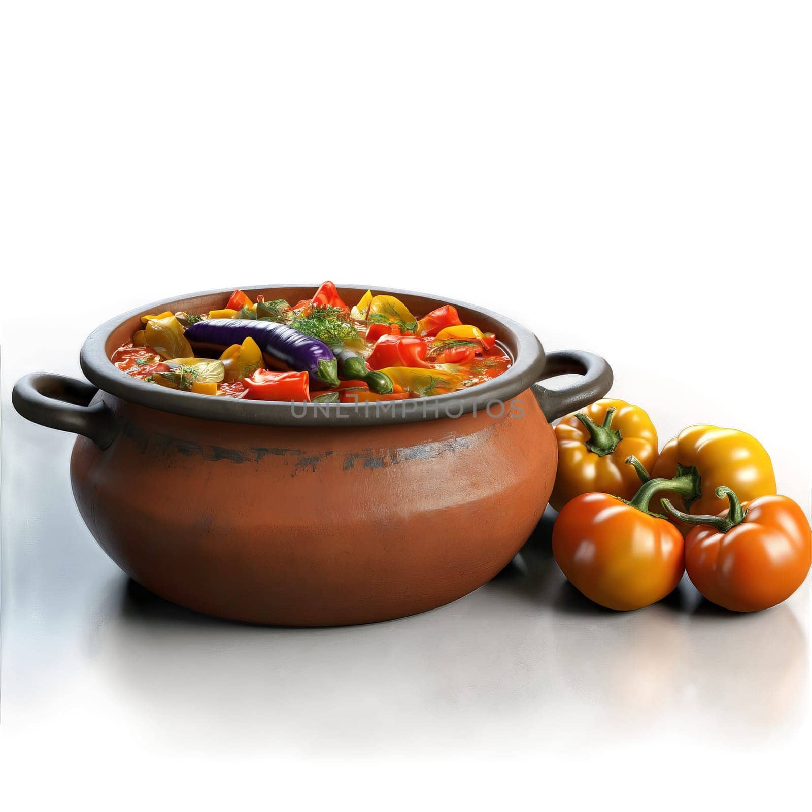 Georgian ajapsandali eggplant stew tomatoes bell peppers onions herbs served in a clay pot Culinary. close-up food, isolated on transparent background