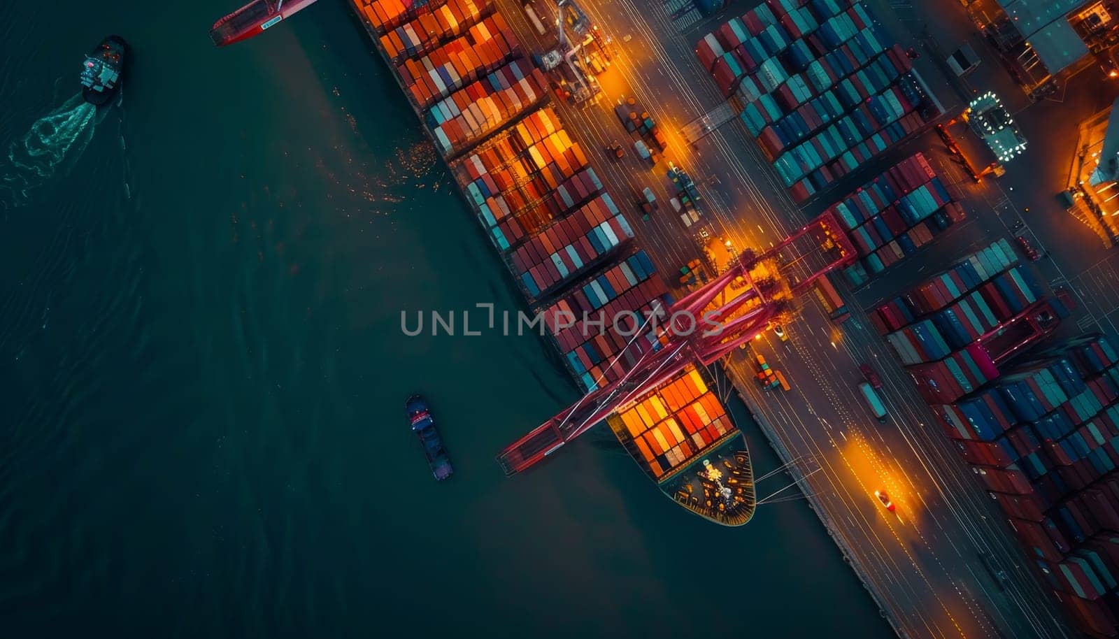 A boat is in the water near a large container ship by AI generated image.