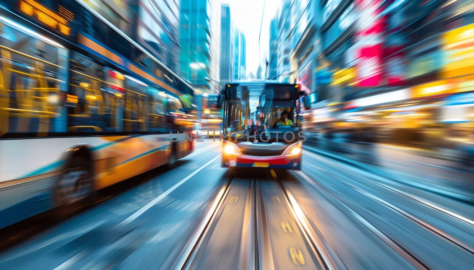 A blue bus is driving down a city street by AI generated image.