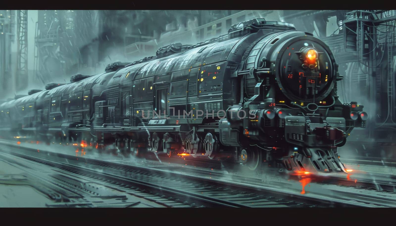 A futuristic train with a red light on the front by AI generated image.