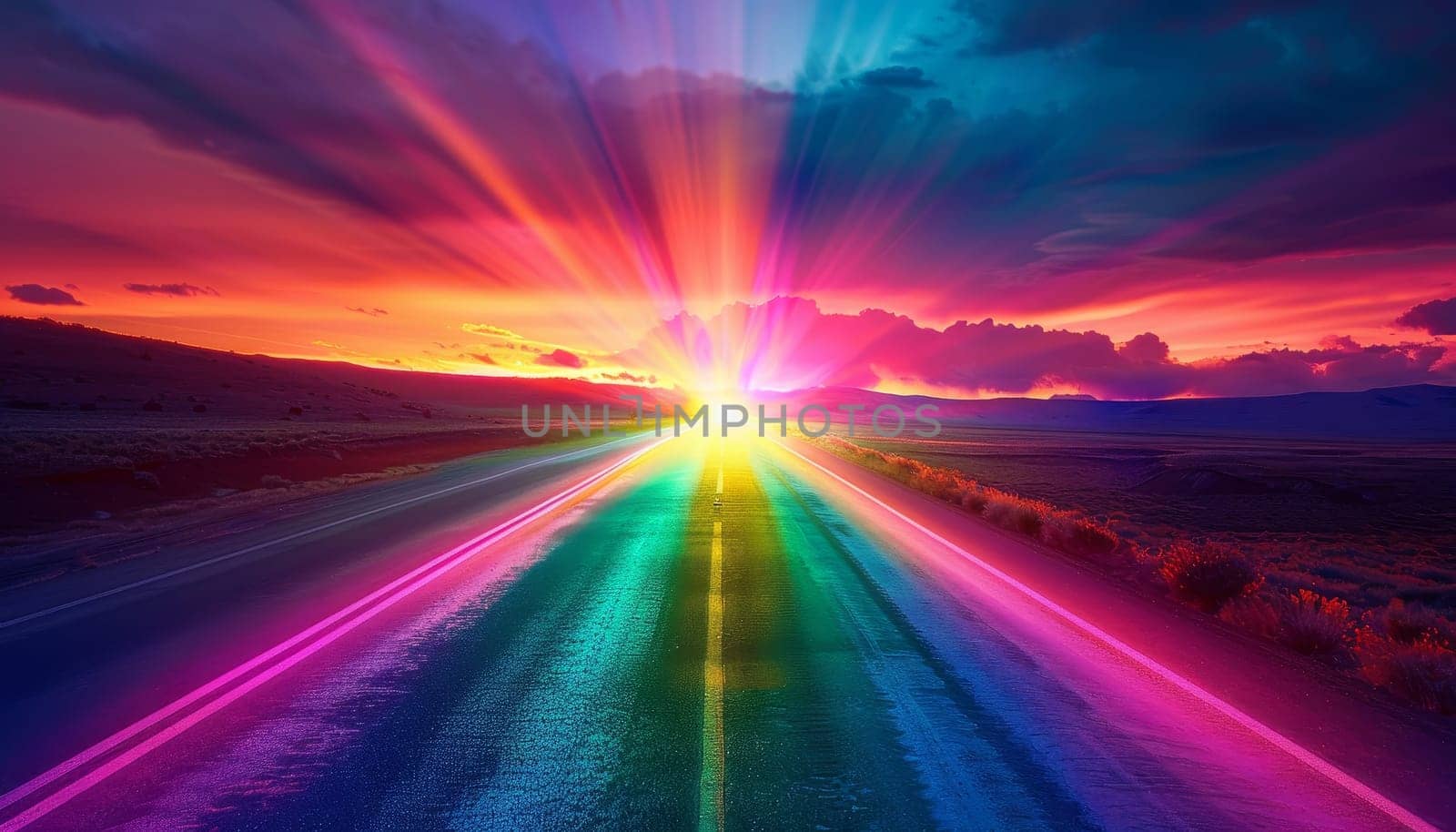A rainbow is seen on a road with a sunset in the background by AI generated image.